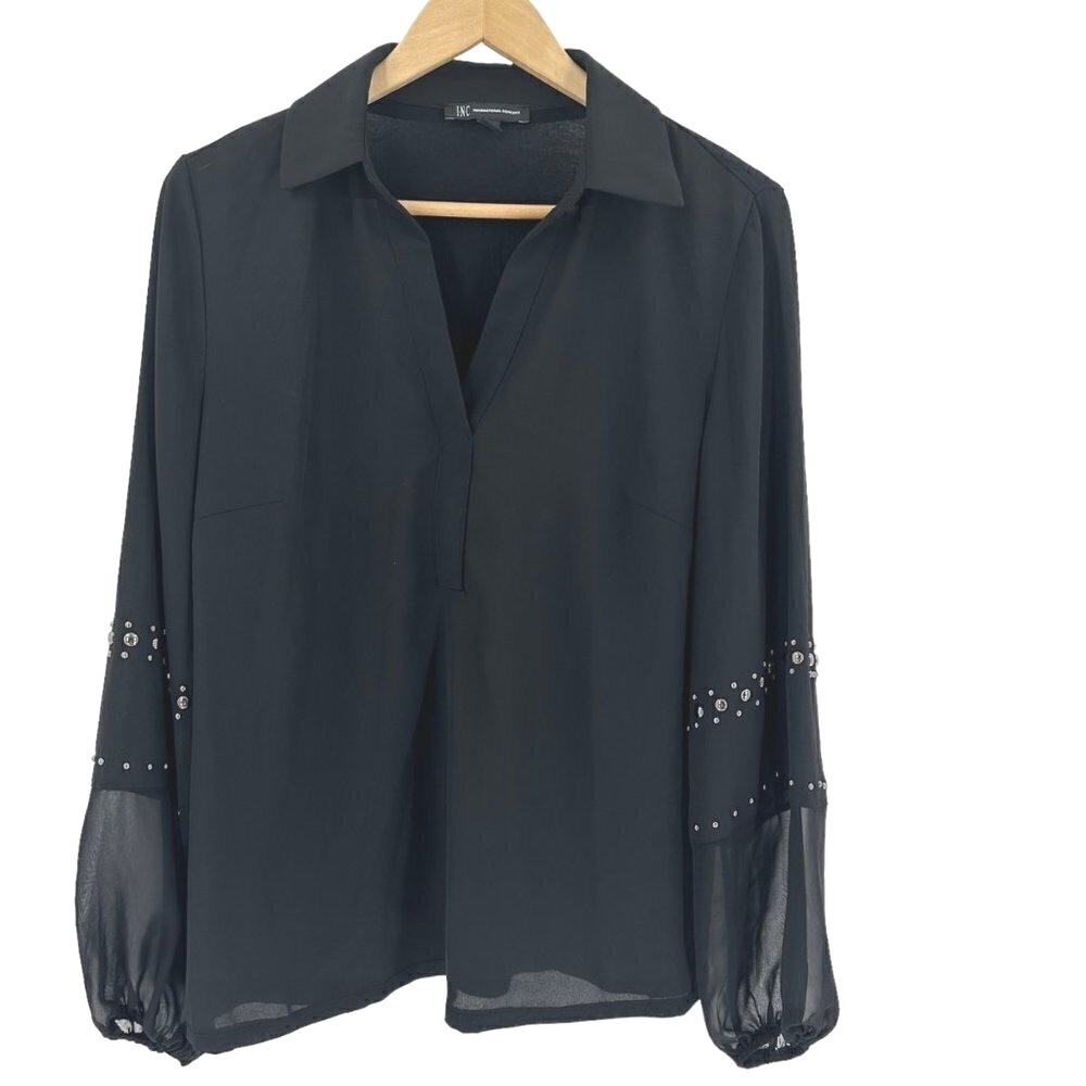 NWT INC International Concepts Black Blouse Gunmetal Embellishments Edgy Goth M‎